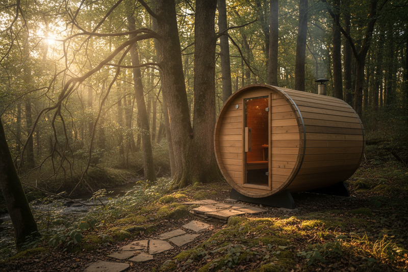 create an image of an outdoor barrel sauna in a rustic setting with the sauna to the right of the photo